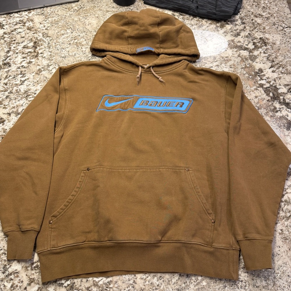 Vintage 1990s Nike Bauer Brown Pullover Hoodie Blue Logo Large. PX